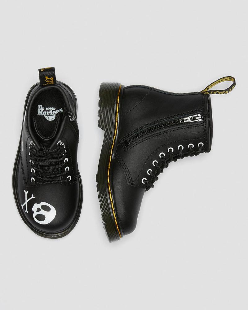 Black / White Kids' Dr Martens Toddler 1460 Skull & Bones Leather Lace Up Boots | CA 704AHK